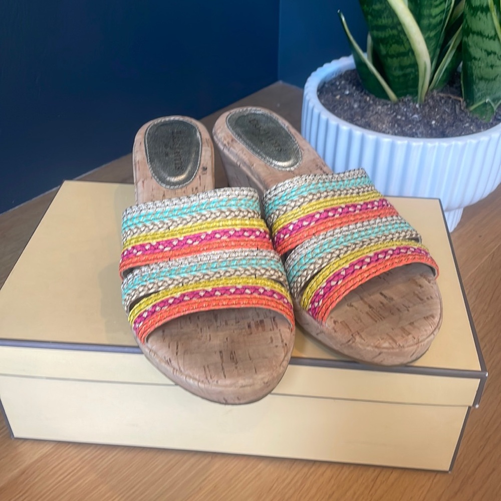 Eric Javits Multi Colored Cork Wedge Slip on Sandal